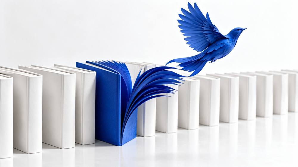Blue paper bird rising from an open blue book among a row of white books