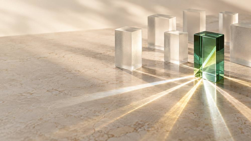 Green glass block standing apart from frosted blocks on marble, with light rays across the surface