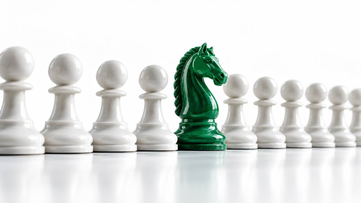 A green chess knight standing in a line of white pawns on a white studio surface
